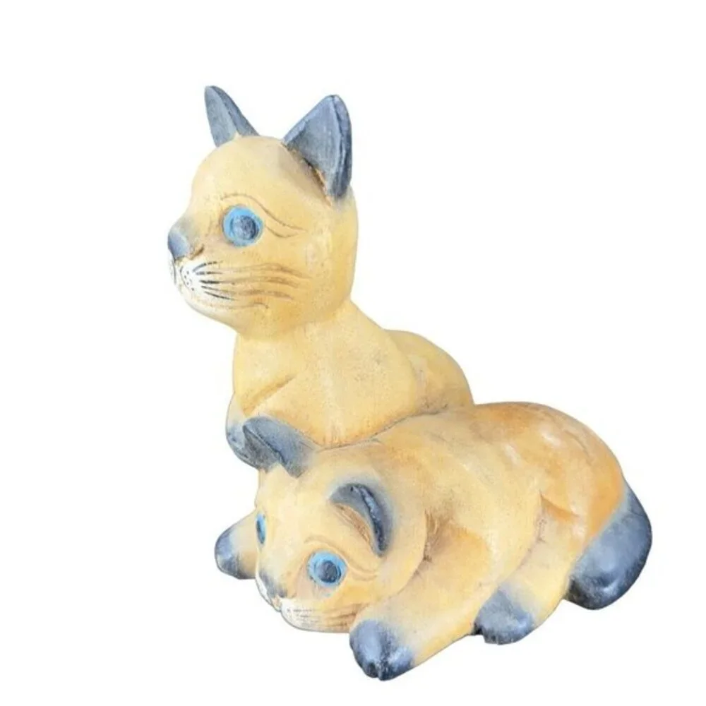 Vintage Hand Carved Wood Kitty Cat‎ Figurine Brown With Blue Eyes Cats Figure